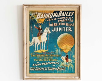 Antique Circus Poster - Jupiter the Balloon Horse - Vintage Americana Carnival Print - Victorian Steampunk Art - Hot Air Balloon - Horse Art
