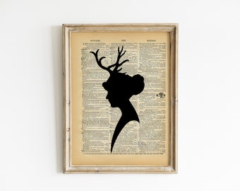 Vintage Dictionary Print - Deer Lady - Antler Silhouette Antique Book Print - Elegant Surreal Home Decor - Altered Book