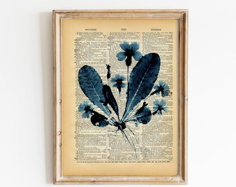 Blue and White Floral Vintage Dictionary Print - Vintage Floral Print - Upcycled Antique Book Art - Natural History Flower Botanical Print