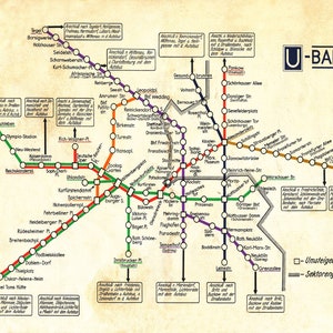 Vintage Berlin Map U-Bahn Antique German Subway Vintage Map Deco Germany Travel Tourism Kitsch Underground Colour image 2