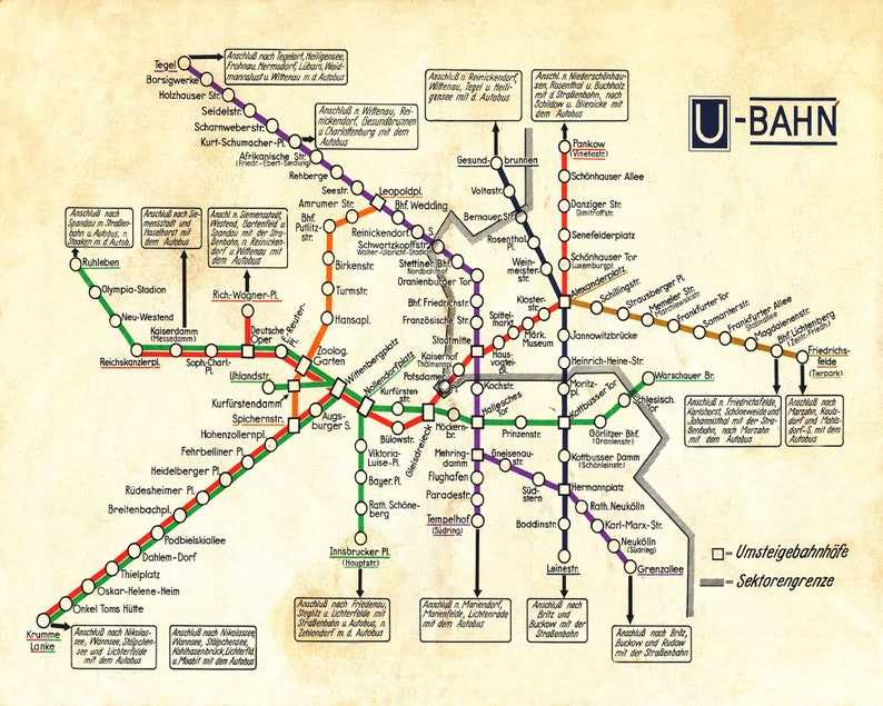 Vintage Berlin Map U-Bahn Antique German Subway Vintage Map Deco Germany Travel Tourism Kitsch Underground Colour image 2