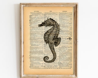 Antique Seahorse Wall Art - Nautical Home Decor on Vintage Book Page