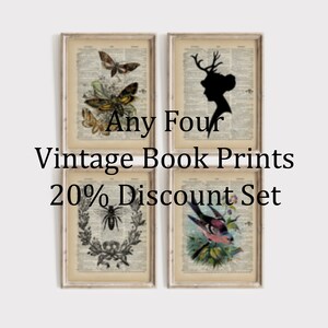 SAVE OVER 20% - Any Four Antique Book Prints - Vintage Dictionary Art Prints Discount - Whimsical Fairy Tale Vintage Illustration