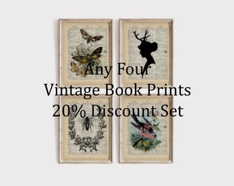 SAVE OVER 20% - Any Four Antique Book Prints - Vintage Dictionary Art Prints Discount - Whimsical Fairy Tale Vintage Illustration