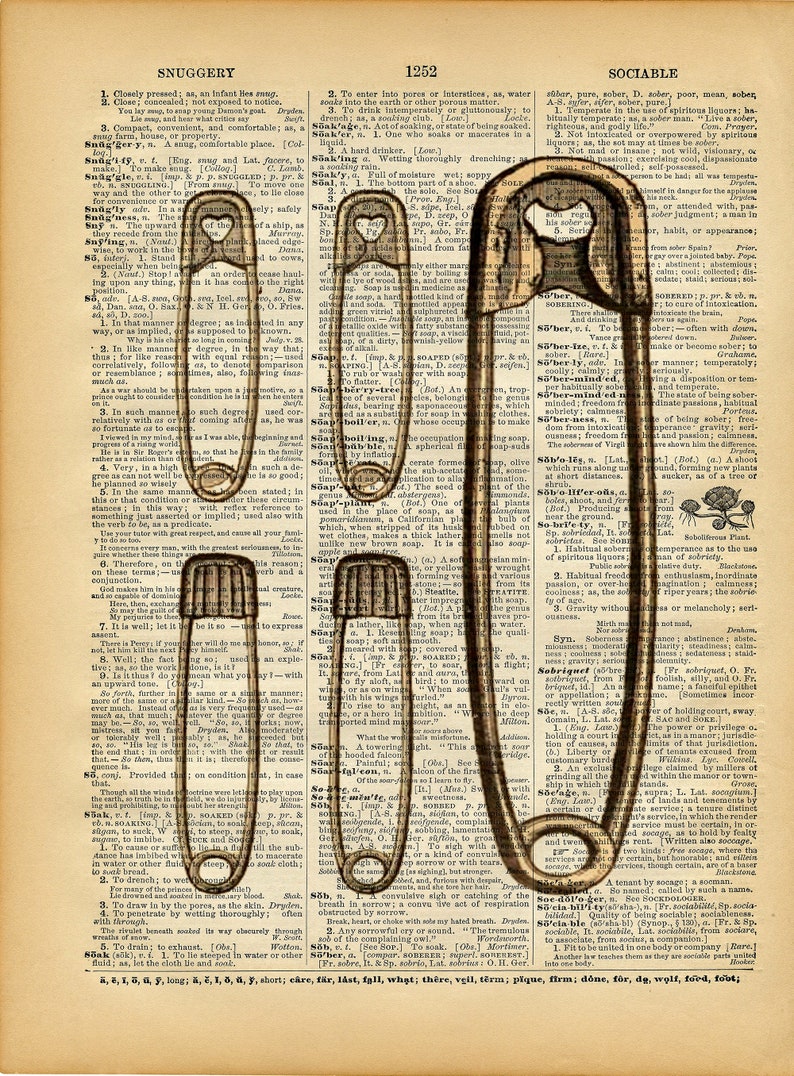 Safety Pins Print Vintage Dictionary Print Upcycled Etsy