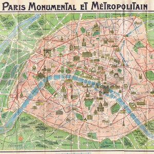 Vintage Paris Tourist Map Paris Monumental et Metro Europe Antique Map European Travel Tourism image 2