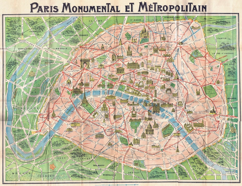 Vintage Paris Tourist Map Paris Monumental et Metro Europe Antique Map European Travel Tourism image 2