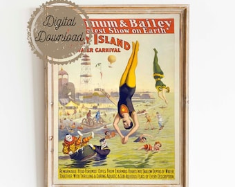 Digital Download Vintage Circus Poster - The Great Coney Island - Vintage Americana Carnival Print - Moustache Man Acrobat