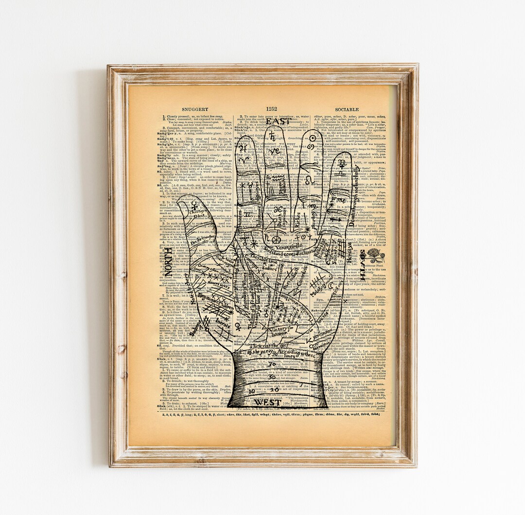 Vintage Dictionary Book Print Fortune Teller's Hand Anatomical Art