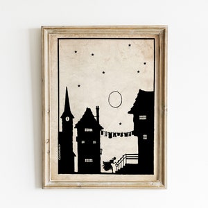 Vintage Fairy Tale Illustration - Houses Village Silhouette - Black and White Paper Cut Art - European Town Scene