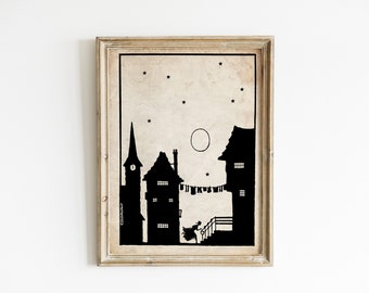 Vintage Fairy Tale Illustration - Houses Village Silhouette - Black and White Paper Cut Art - European Town Scene