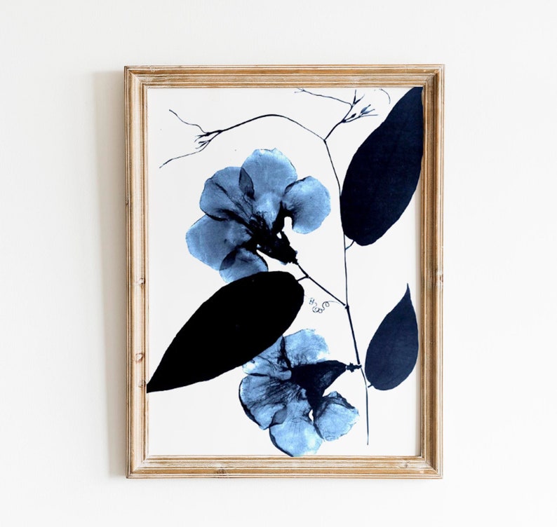 Antique Botanical Print Blue Leaf and Curl Blue and White Silhouette Photo Cyanotype Elegant Floral Print Woodland Forest image 1