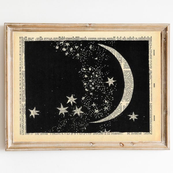 Dictionary Print - Moon and Stars - Vintage Book Art Print - Upcycled Art - Recycled Book Print - Outer Space Constellations Night Sky