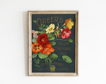 Vintage Flowers Print - Garden Calendar Seed Packet Illustration - Dark Academia Floral Art - Victorian Botanical - Cottagecore Wall Deocr