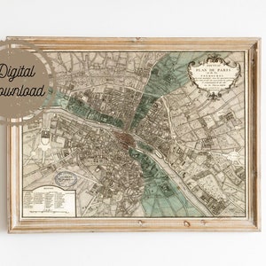 Digital Download - Antique Paris Map - Plan de Paris - Victorian French Vintage Map Engraved - Elegant Grey Green Map