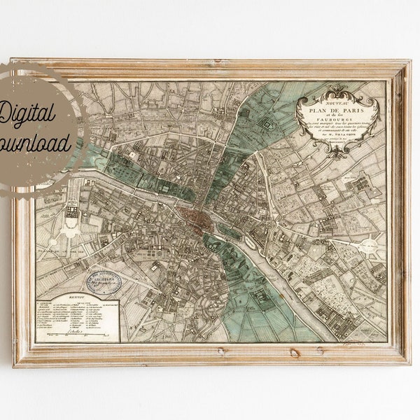 Digital Download - Antique Paris Map - Plan de Paris - Victorian French Vintage Map Engraved - Elegant Grey Green Map