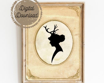 Digital Download - Papercut Art - Elegant Silhouette - Deer Antlers - Woodland Whimsical Art Print - Elegant Nursery Art Vintage Fairy Tale