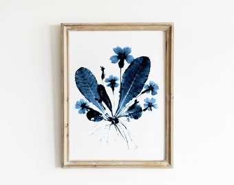 Antique Botanical Print - Blue Leaf and Curl - Blue and White Silhouette Photo - Cyanotype Elegant Floral Print Woodland Forest