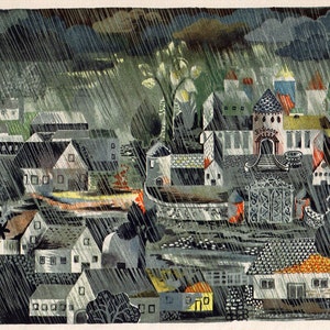 Dark German Fairy Tale Art Rainy Village Rain Clouds Mid Century Illustration Black Green Blue image 2