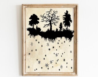 Fairy Tale Forest Art Print - Elegant Paper Cut - Night Sky - Trees Art - Stars Constellations Art Print - Vintage Papercut Illustration