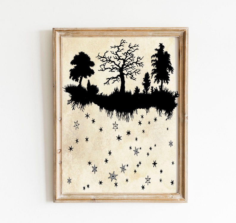 Fairy Tale Forest Art Print Elegant Paper Cut Night Sky Trees Art Stars Constellations Art Print Vintage Papercut Illustration image 1