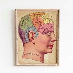 Vintage Surreal Print - Phrenology Chart - Antique Medical Illustration - Fortune Telling Occult Anatomical - Head Skull Gothic Dark