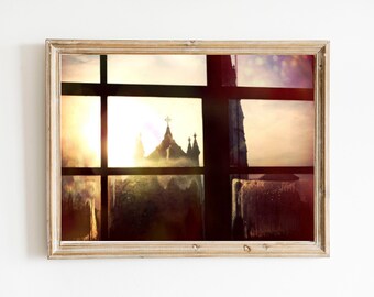 European Castle Photo - British Sunset - Castle Window - Pink Orange Purple Sunset - Fairy Tale Photography - Travel Photography Art