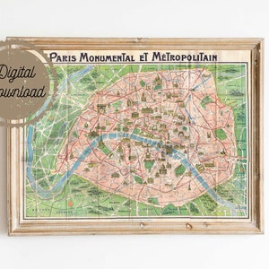 Digitaler Download - Antike Paris Karte - Plan de Paris - Viktorianische Französische Vintage Karte mit Gravur - Elegante Grau Grüne Karte