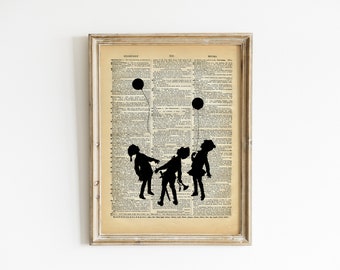 Vintage Book Art Print - Fairytale Silhouette - Children with Balloons - Spooky Fairy Tale Decor - Altered Art Book Print