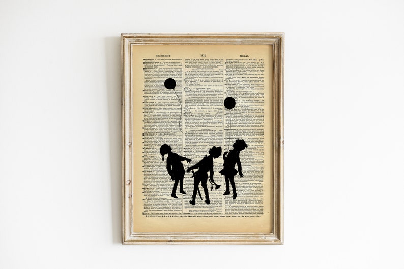 Vintage Book Art Print Fairytale Silhouette Children with Balloons Spooky Fairy Tale Decor Altered Art Book Print image 1