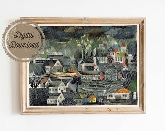 Digital Download - Dark German Fairy Tale Art - Rainy Village - Rain Clouds - Mid Century Illustration - Black Green Blue