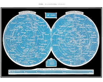 Vintage Constellations Print "Le Ciel" Outer Space Nautical Stars Zodiac Star Chart Illustration