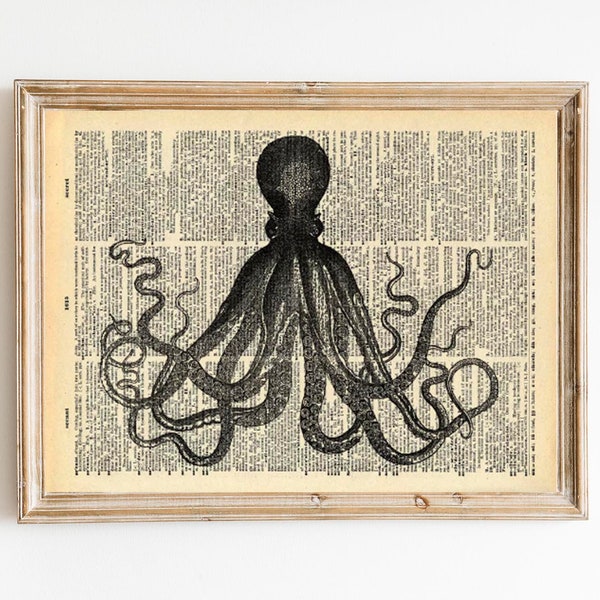 Old Book Page Print - Octopus Sea Monster - Upcycled Recycled Antique Book Print - Nautical Dictionary Art Print