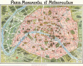 Vintage Paris Tourist Map "Paris Monumental et Metro" Europe Antique Map - European Travel Tourism