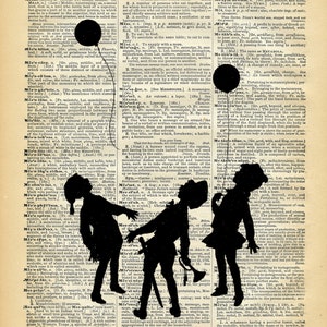 Vintage Book Art Print Fairytale Silhouette Children with Balloons Spooky Fairy Tale Decor Altered Art Book Print image 2
