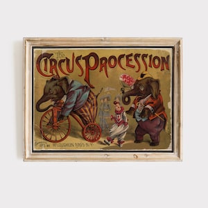 Cartel de circo vintage - Procesión de circo - Impresión de circo victoriano - Animales de colores alegres y brillantes de carnaval antiguo imagen 1