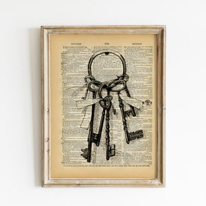 Vintage Book Art Print - Vintage Skeleton Key Art - Fairy Tale Victorian Key - Secret Garden Key Print - Recycled Book Art Print