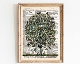 Vintage Dictionary Print - Tree of Birds - Vintage Book Art Print - Woodland Natural History Upcycled Book Art