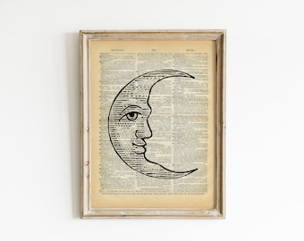 Man in the Moon Art Print on Vintage Book Page - 90s Moon Face Illustration - Antique Book Print - Night Sky Upcycled Wall Decor