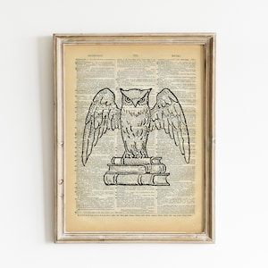 Owl and Books Art Print: Vintage Dictionary Page, Literary Gift