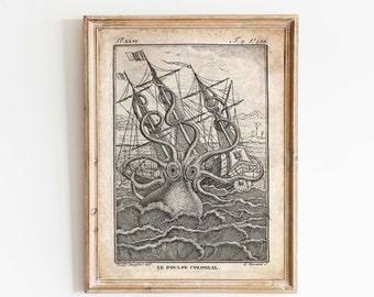 Vintage Sea Monster Print - Colossal Squid - Antique Mythological Print - Nautical Sailor Pirate Ship