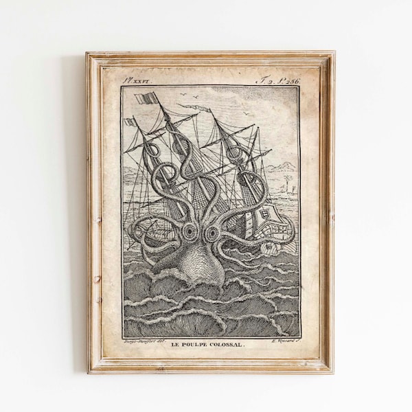Vintage Sea Monster Print - Colossal Squid - Antique Mythological Print - Nautical Sailor Pirate Ship