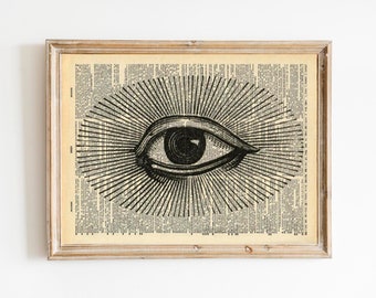 Steampunk Vintage Dictionary Print - All Seeing Eye - Spooky Victorian Art - Upcycled Recycled  Book Print - Surreal Occult Victorian Circus