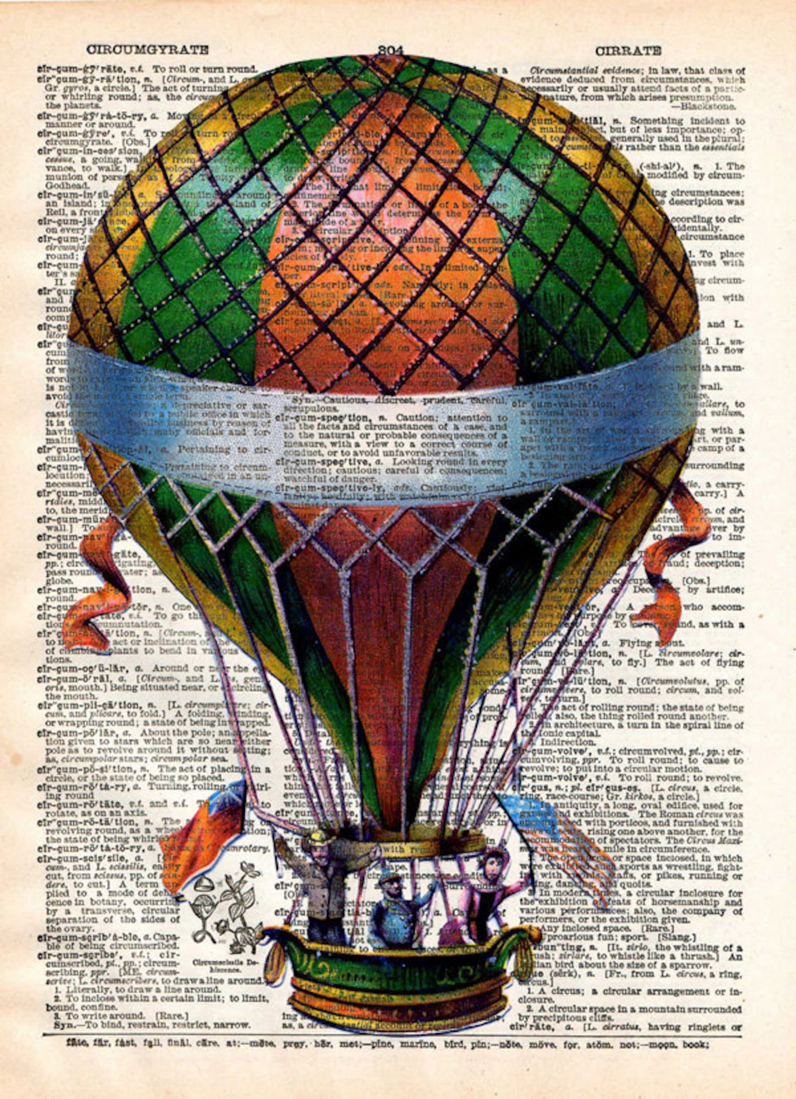 Hot Air Balloon Print Vintage Book Page Print Recycled Etsy