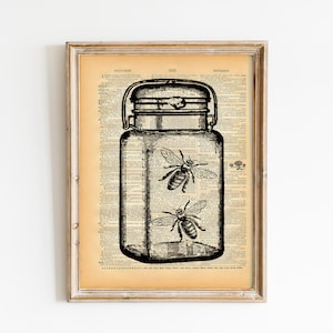 Fireflies in Mason Jar Print: Vintage Book Page Art