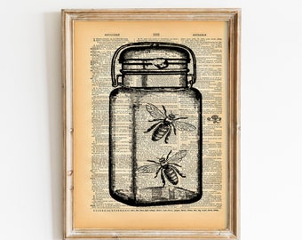 Old Book Art Print - Fireflies in Mason Jar - Vintage Garden Decor - Recycled Book Print - Summer Vintage Wall Art - Upcycled Book Print