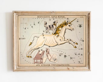 Vintage Constellations Print -Canis Major - Unicorn and Dog Stars - Pastel Pale Blue Pink White - Zodiac Sky Whimsical Circus Art Print