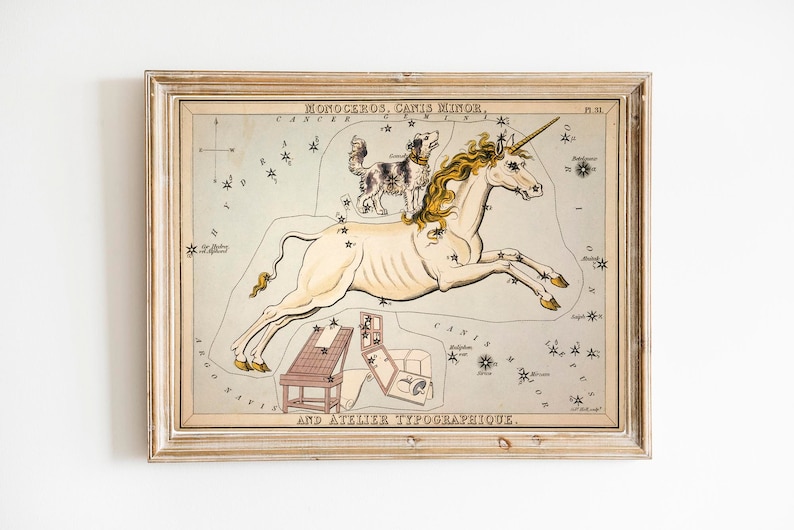 Vintage Constellations Print Canis Major Unicorn and Dog Stars Pastel Pale Blue Pink White Zodiac Sky Whimsical Circus Art Print image 1