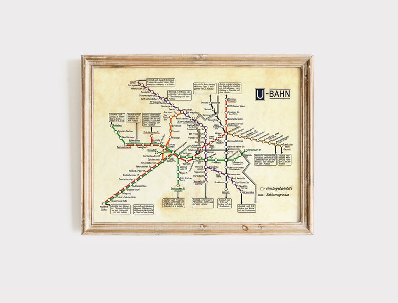 Vintage Berlin Map U-Bahn Antique German Subway Vintage Map Deco Germany Travel Tourism Kitsch Underground Colour image 1