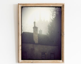 Dreamy English Village Photograph - Fog and Spires - Vintage Fairy Tale Photo - Europe Travel Photography